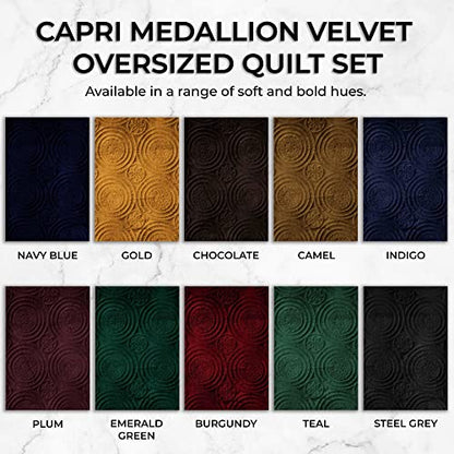  Tribeca Living Oversized Velvet Quilt, Three Piece Queen Bed Set, 260GSM Soft Velvet Quilted Set Includes One Quilt & Two Sham Pillowcases, Capri Emerald Green