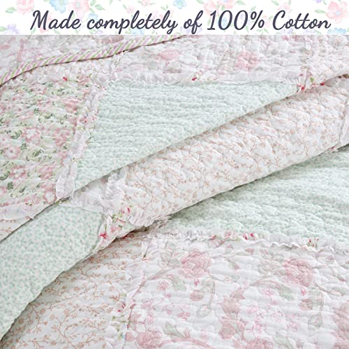  Cozy Line Home Fashions 100% Cotton Real Patchwork Floral Pink Rose Shabby Chic Girly Reversible Quilt Bedding Set, Coverlet Bedspread (La Rosa Rêve, King - 3 Piece)