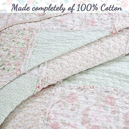  Cozy Line Home Fashions 100% Cotton Real Patchwork Floral Pink Rose Shabby Chic Girly Reversible Quilt Bedding Set, Coverlet Bedspread (La Rosa Rêve, King - 3 Piece)