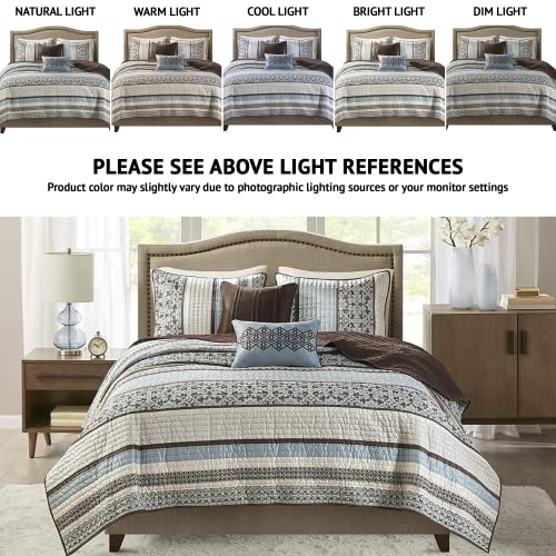  Quilt Set Luxurious Jacquard Stripes Design - All Season, Coverlet Bedspread Lightweight Bedding Layer, Shams, Decorative Pillow, Full/Queen(90"x90"), Floral Blue 5 Piece