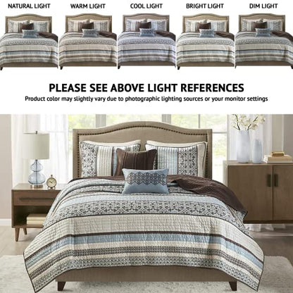  Quilt Set Luxurious Jacquard Stripes Design - All Season, Coverlet Bedspread Lightweight Bedding Layer, Shams, Decorative Pillow, Full/Queen(90"x90"), Floral Blue 5 Piece