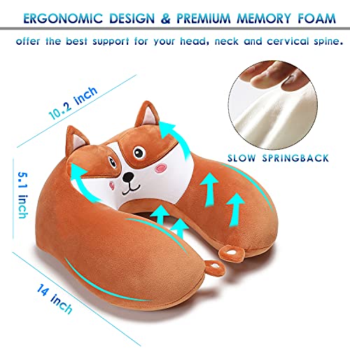  Travel Pillow For Kids And Adults, Cute Animal Memory Foam Neck Pillow With Soft Fleece Cover And Eye Mask Set, Airplane Pillow Travel Kit With Drawstring Organizer Bag, Machine Washable (Puppy)