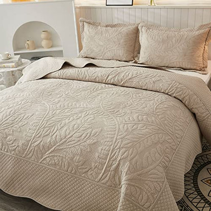  MarCielo 3-Piece 100% Cotton Oversized Bedspread Set Coverlet Set Lightweight Quilt Set Embroidery Farmhouse Bedding Set (Natural Beige, King (118"x106"))