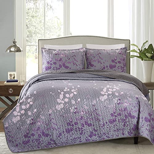  Masterplay 3-Piece Fine Printed Oversize (118" X 95") Quilt Set, Bedspread Coverlet King Size Bed Cover (Dark Grey, Purple Gradient, Vine)