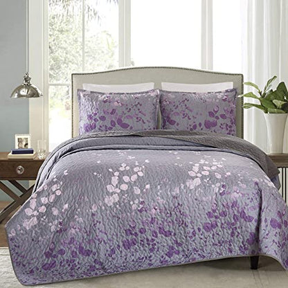 Masterplay 3-Piece Fine Printed Oversize (118" X 95") Quilt Set, Bedspread Coverlet King Size Bed Cover (Dark Grey, Purple Gradient, Vine)