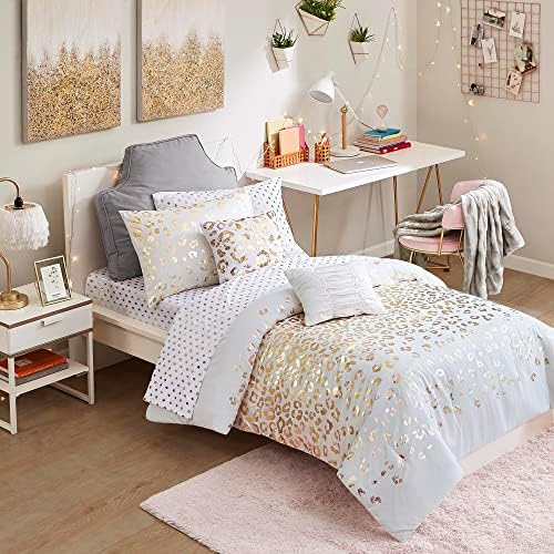  Zoey Triangle Metallic Print, Cozy Comforter Set All Season Bedding Set, Matching Sham, Decorative Pillow, Full/Queen, Grey/Silver 5 Piece