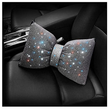  Happyera 1 Pack Bling Bling Rhinestones Bowknot Car Headrest Pillow, Crystal Lumbar Support Pillow, Neck Rest Pillow For Car, Head Neck Support For Pain Relief - White Waist Pillow