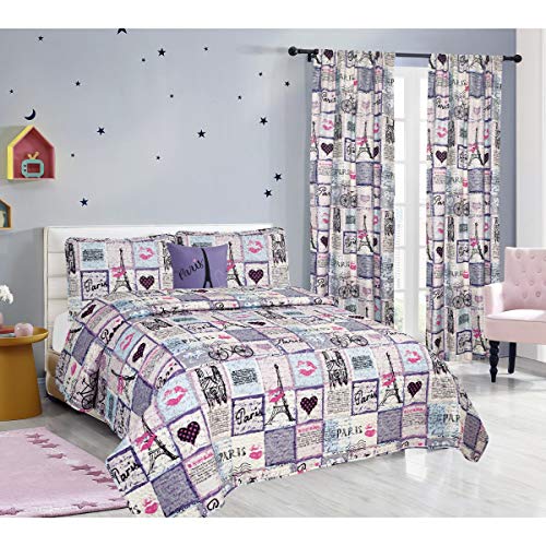  4-Piece Paris King Quilt Coverlet Bedding Set With Shams And Decorative 16x16 Throw Pillow Eiffel Tower Patchwork Hearts, Purple Pink