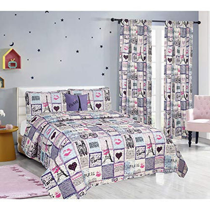  4-Piece Paris King Quilt Coverlet Bedding Set With Shams And Decorative 16x16 Throw Pillow Eiffel Tower Patchwork Hearts, Purple Pink