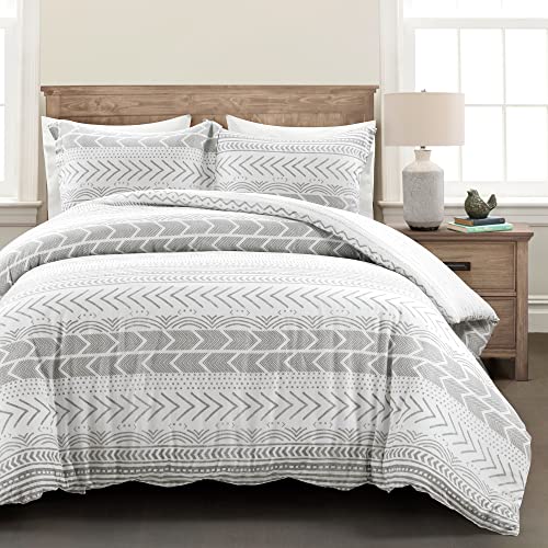  Hygge Geo Reversible 3 Piece Cotton Duvet Set, King, Gray & White