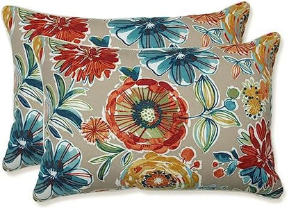  Pillow Perfect Floral Outdoor Throw Accent Pillow, Plush Fill, Weather, And Fade Resistant, Large Lumbar - 16.5" X 24.5", Blue/Tan Telfair, 2 Count