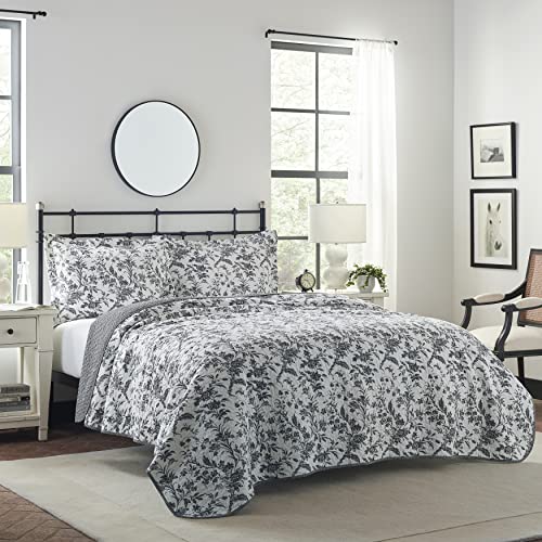  Laura Ashley Quilts Cotton Reversible Bedding With Matching Shams, Home Decor For All Seasons, Queen, Amberley Black/White