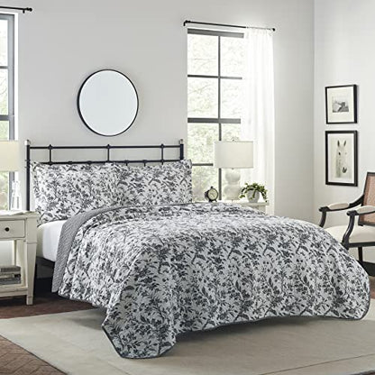  Laura Ashley Quilts Cotton Reversible Bedding With Matching Shams, Home Decor For All Seasons, Queen, Amberley Black/White