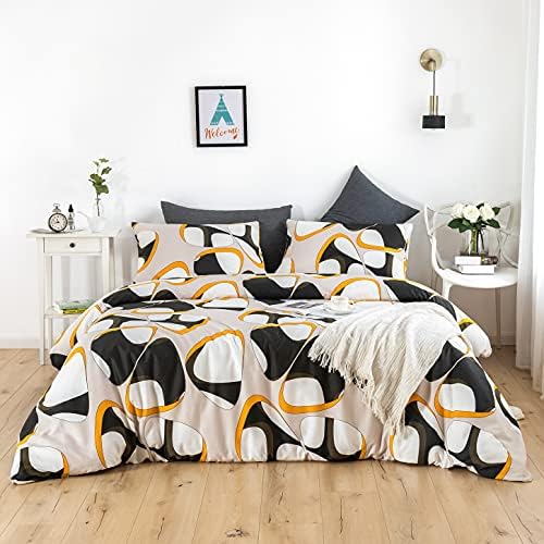  YuHeGuoJi White Floral Duvet Cover King 100% Cotton Black Flower Duvet Cover 3 Pcs Set 1 Plant Blossom Patterned Duvet Cover With Zipper Ties 2 Pillowcases Farmhouse Cartoon Botanical Bedding Set