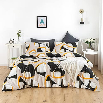  YuHeGuoJi White Floral Duvet Cover King 100% Cotton Black Flower Duvet Cover 3 Pcs Set 1 Plant Blossom Patterned Duvet Cover With Zipper Ties 2 Pillowcases Farmhouse Cartoon Botanical Bedding Set