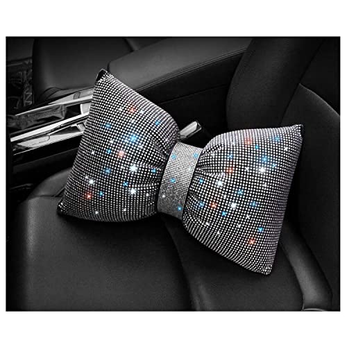  Happyera 1 Pack Bling Bling Rhinestones Bowknot Car Headrest Pillow, Crystal Lumbar Support Pillow, Neck Rest Pillow For Car, Head Neck Support For Pain Relief - White Waist Pillow