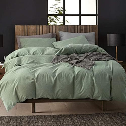  3 Pieces Duvet Cover Set Queen 100% Washed Cotton 1 Duvet Cover With Zipper And 2 Pillowcases, Ultra Soft And Easy Care Breathable Cozy Simple Style Bedding Set (Avocado Green)