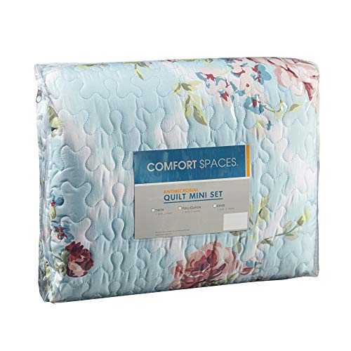  Comfort Spaces Reversible Quilt Set-Vermicelli Stitching Design All Season, Lightweight, Coverlet Bedspread Bedding, Matching Shams, King/Cal King (104 In X 90 In), Natalie Floral Blue 3 Piece
