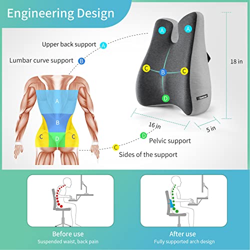  Lumbar Support Pillow For Office Chair Cushion For Back Pain Relief Memory Foam Back Support Office Chair Ergonomic Back Pillow Lumbar Chushion W/Strap For Car, Computer Gaming Chair, Recliner, Couch