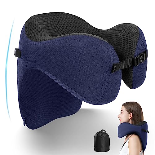  TripGood Neck Pillow For Travel - Extra Upper Back Support - Back Buckle Strap - Memory Foam Airplane Neck Pillow - Portable Travel Accessories - Blue