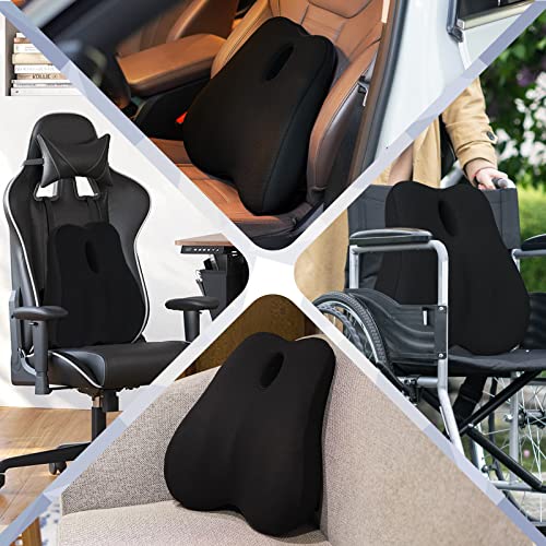  Lumbar Support Pillow For Office Chair, Cooling Memory Foam Lumbar Pillow For Back Pain Relief, Ergonomic Back Support Pillow With Dual Extension Straps For Car, Couch, Recliner, Gaming Chair, Black