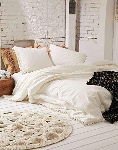  White Pom Pom Duvet Cover Fringed Cotton Cover Full Queen, 86“x90”