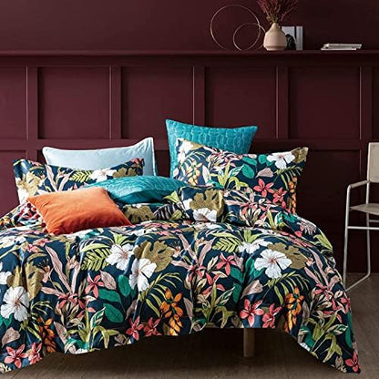  Eikei Midnight Blue Botanical Print Duvet Quilt Cover Egyptian Cotton Bedding Set Modern Luxury Minimal Palm Leaf Dark Charcoal Navy Ocher Floral Watercolor Design 120x98 (Mustard Yellow, Super King)