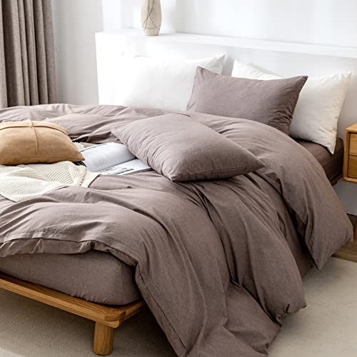  Queen Duvet Cover Set- 100% Washed Cotton 3 Pcs Soft Comfy Breathable Chic Linen Feel Bedding, 1 Duvet Cover And 2 Pillow Shams, Mauve Brown