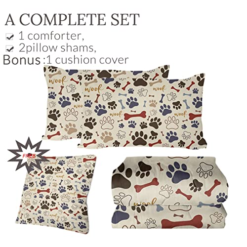  Sleepwish Brown Dog Paw Bone Comforter Set Kids Dog Paw Prints Bedding Set For Kids Children Bedspreads 4Pcs King Size Dog Lovers Gifts For Women Kids Men