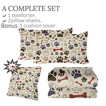  Sleepwish Brown Dog Paw Bone Comforter Set Kids Dog Paw Prints Bedding Set For Kids Children Bedspreads 4Pcs King Size Dog Lovers Gifts For Women Kids Men