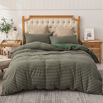  PURE ERA Jersey Knit Duvet Cover Set 100% T-Shirt Heather Cotton Super Soft Comfy Classic Striped Design, With Zipper Closure, Forest Green Stripe, Queen