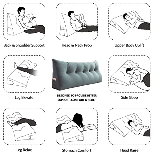  YXCSELL Wedge Headboard Large Bolster Pillow Reading Pillows For Sitting In Bed Adult， Velvet Triangular Cushion Backrest Lumbar Back Support Upholstered Daybed Sit Up Book Pillows（LightGray, Twin）