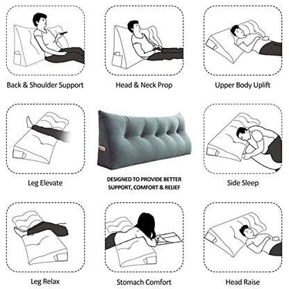  YXCSELL Wedge Headboard Large Bolster Pillow Reading Pillows For Sitting In Bed Adult， Velvet Triangular Cushion Backrest Lumbar Back Support Upholstered Daybed Sit Up Book Pillows（LightGray, Twin）