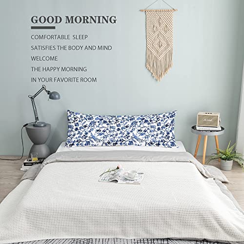  Body Pillowcase, Bohemian Flower Ultra Soft Colorful Velvet Full Long Body Pillow Covers 20 X 54 With Zipper, Total Boho Floral Body Pillow Protector, For Adults Women And Men (Blue White)