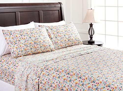  Traditional Floral Printed Elegant Patterned King Bed Sheet Set 4-Piece - 1 Flat Sheet 1 Fitted Sheet And 2 Pillowcases - Ultra Soft Wrinkle Stain Resistant Microfiber Sheets - Blue