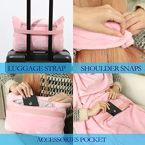  Travel Blanket And Pillow Set - Portable Inflatable Travel Neck Pillow And Premium Soft Airplane Blanket With Built-in Soft Bag, Neck Snaps, Zippered Pouch, And Hand Luggage Strap, 70" X 40" (Pink)