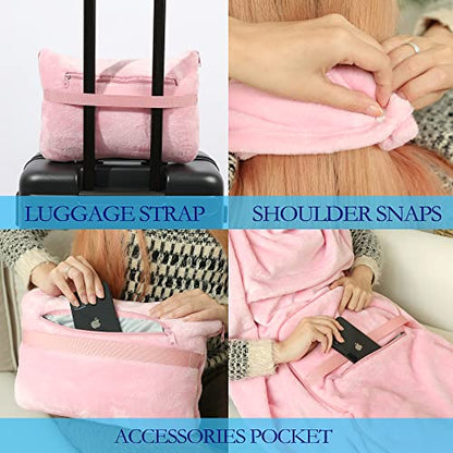  Travel Blanket And Pillow Set - Portable Inflatable Travel Neck Pillow And Premium Soft Airplane Blanket With Built-in Soft Bag, Neck Snaps, Zippered Pouch, And Hand Luggage Strap, 70" X 40" (Pink)