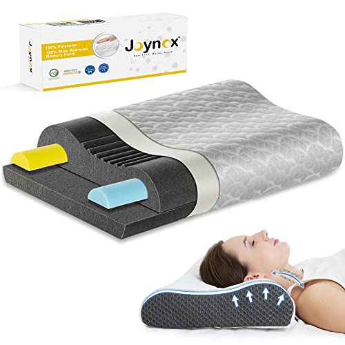  Joynox Memory Foam Pillow, Adjustable Contour Pillow For Neck Pain, Orthopedic Support Cervical Pillow For Sleeping, Ergonomic Bed Pillow For Back, Side, Stomach Sleepers, Grey Large