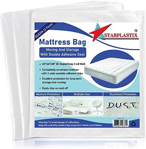  Mattress Bags For Moving Queen Size - Heavy Duty Mattress Storage Bag [2-Pack] 5 Mil Thick Plastic Waterproof Mattress Covers For Moving And Storage With Adhesive Strips For Mattresses