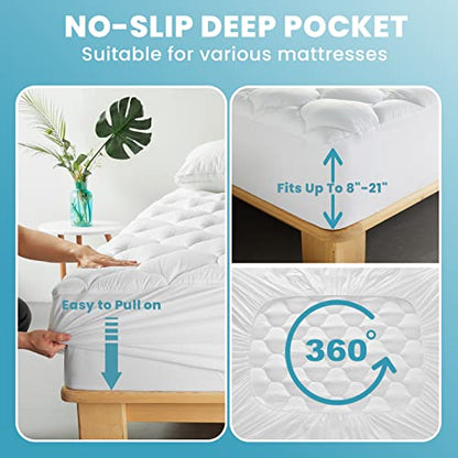  MASVIS King Mattress Pad Quilted Fitted Mattress Cover Cooling Soft Pillow Top Mattress Protector Breathable Fluffy Mattress Topper With 8-21" Deep Pocket, California King, White