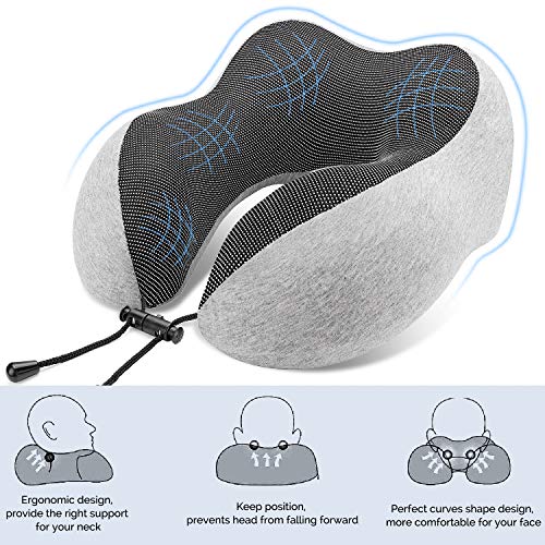  OYRGCIK Travel Pillow, 100% Pure Memory Foam Neck Pillow, Soft & Breathable Cotton Cover, Machine Washable Airplane Travel Kit U Shaped Pillow With 3D Contoured Eye Mask, Earplugs, & Travel Bag, Gray