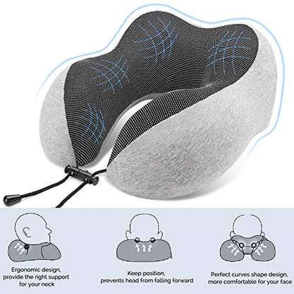  OYRGCIK Travel Pillow, 100% Pure Memory Foam Neck Pillow, Soft & Breathable Cotton Cover, Machine Washable Airplane Travel Kit U Shaped Pillow With 3D Contoured Eye Mask, Earplugs, & Travel Bag, Gray