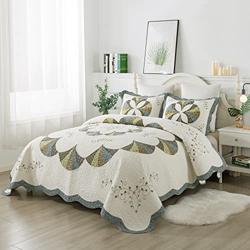  100% Cotton Luxury Decorative Bedspread With Multi Print Floral Patchwork Quilt, Soft & Oversized Coverlet, King 110x96”, Ivory & Brown