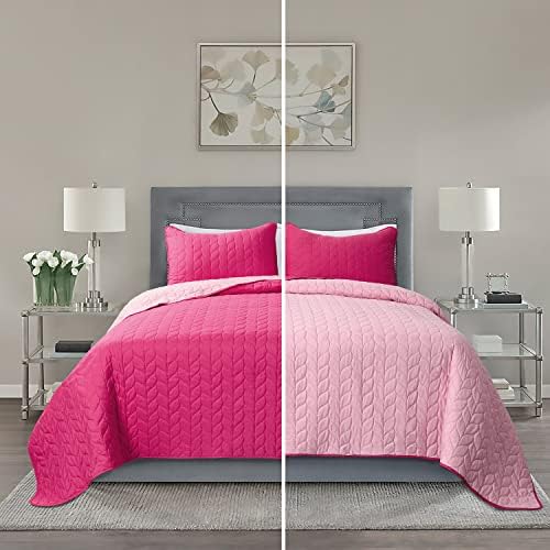  HIG 3 Piece Minimal Style Oversized Bedspread Set Queen, Hot Pink Reversible Stitch Quilted Coverlet Set With Leaf Pattern, Feminine Solid Quilt Set For Bedroom, Microfiber, 100" X 106" (Milano)