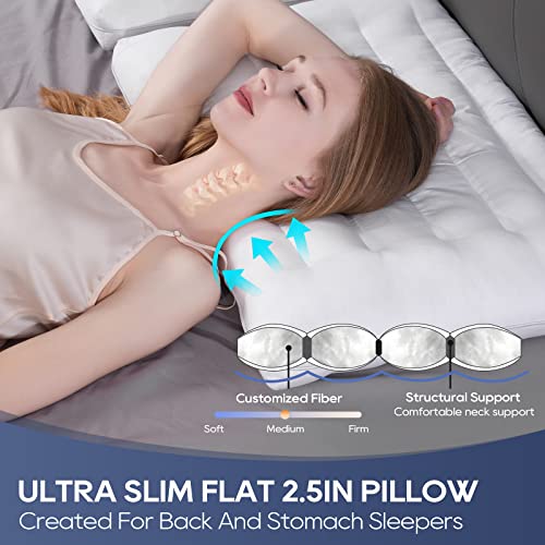  Stomach Sleeper Bed Pillows For Sleeping Queen Size, 2.5-Inch Height Ultra Thin Flat Slim Pillow For Stomach And Back Sleepers, Low Profile Pillow For Cervical Neck Alignment And Support, Cotton Cover
