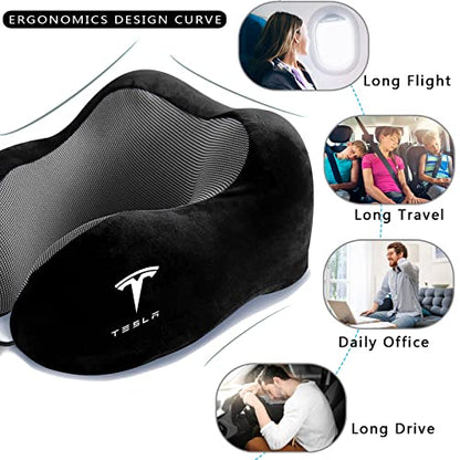  KIKIMO Travel Pillow For Tesla Model 3/Y/S/X Accessories, Tesla Memory Foam Neck Pillow For Airplane/Car/Office&Home Rest Use, Head Support Comfortable Portable Travel Pillows Kit