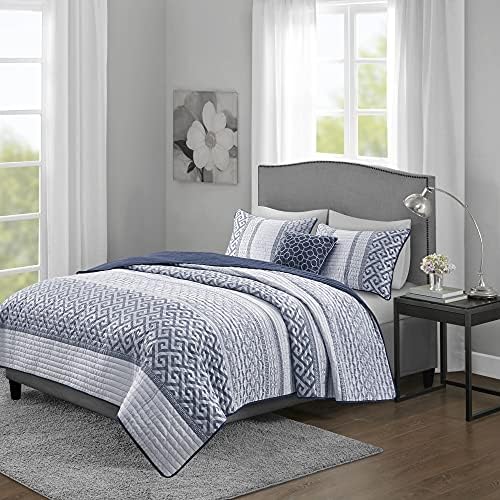  Quilt Set Luxurious Jacquard Stripes Design - All Season, Coverlet Bedspread Lightweight Bedding Layer, Shams, Decorative Pillow, Full/Queen(90"x90"), Floral Blue 5 Piece