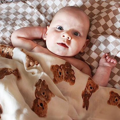  LifeTree Muslin Swaddle Blankets Neutral, Baby Swaddling Wrap Nursery Receiving Blanket For Boys & Girls Unisex, Soft Bamboo Cotton, Large 47 X 47 Inches, Bear & Checkered Coffee