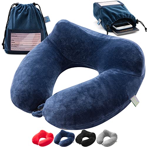 Inflatable Travel Neck Pillow: Extra-Soft, Cushion. For Airplanes, Trains, Cars, Portable Travel Accessory-With Carrying Pouch For Cell Phone And Passport Etc. (Blue)
