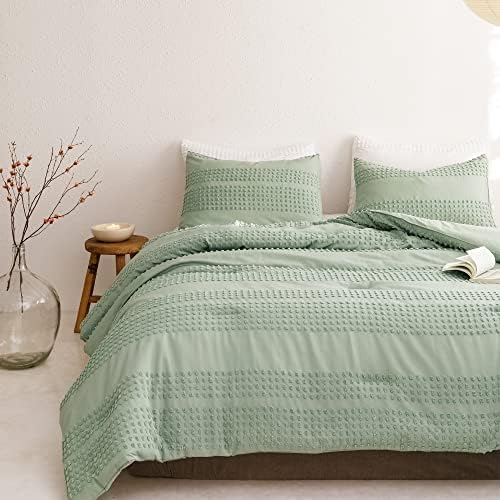  JANZAA Queen Comforter Set Sage Green Comforter Soft Microfiber Queen Bed Set 3 Piece Striped Comforter Set With 2 Pillow Cases Lightweight Fluffy Bedding Down Alternative For All Season